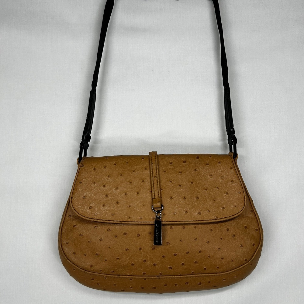 Vintage Y2K Liz Claiborne Faux Ostrich Leather Saddle Shoulder Bag Tan